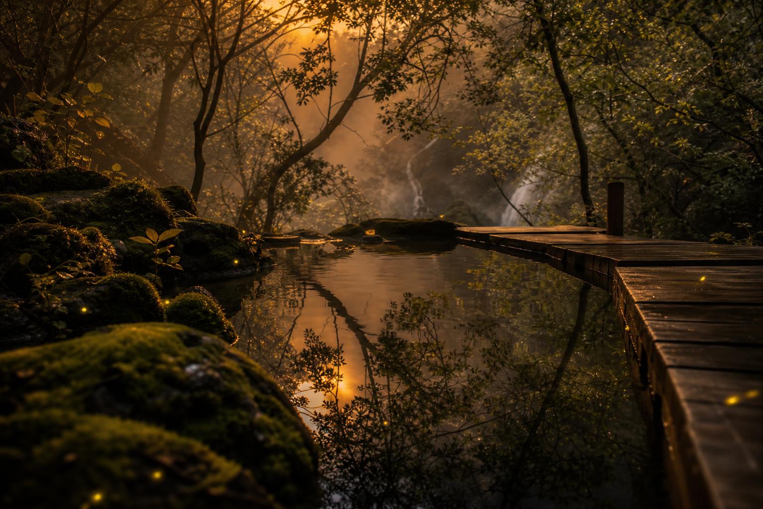 A still pool at the edge of a forest boardwalk, mossy stones and golden reflections at dusk