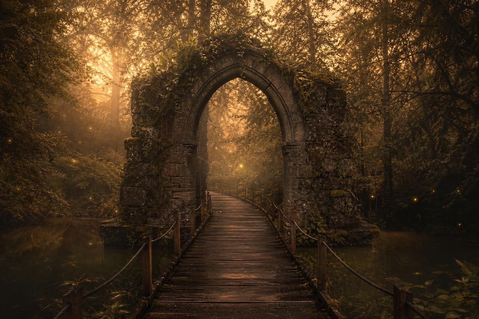 A mossy stone archway framing a wooden boardwalk over still water, lit by golden dusk light